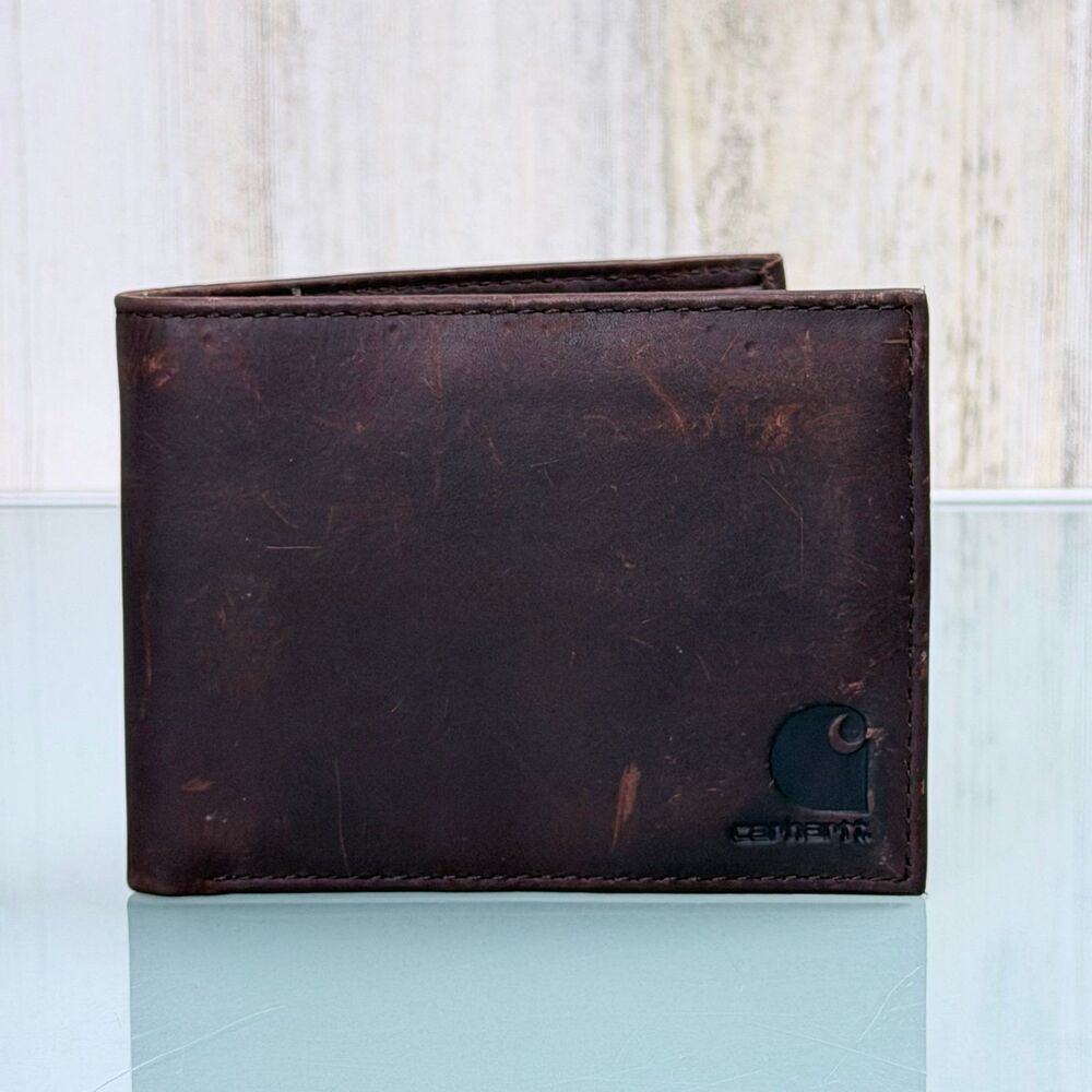 Carhartt Mens Oil Tan Leather Wallet Front Pocket Passcase Trifold Designs